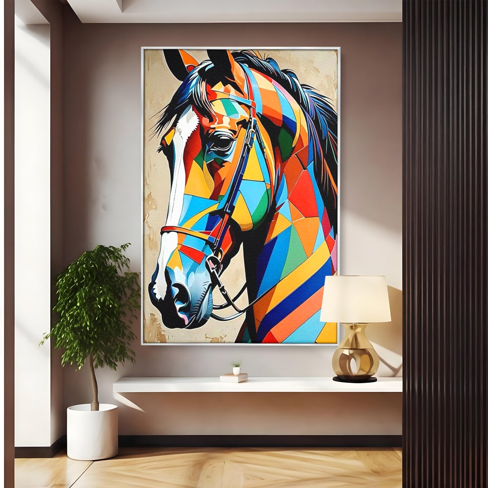 Tablou canvas cu tablou canvas cu armasar geometric colorat, in rama de aluminiu argintiu